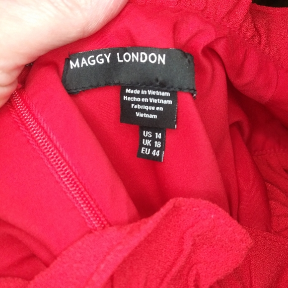 Maggie London Red Crepe Ruffle Trimmed, Figure Flattering Plus Size Sheath Dress - Picture 6 of 8